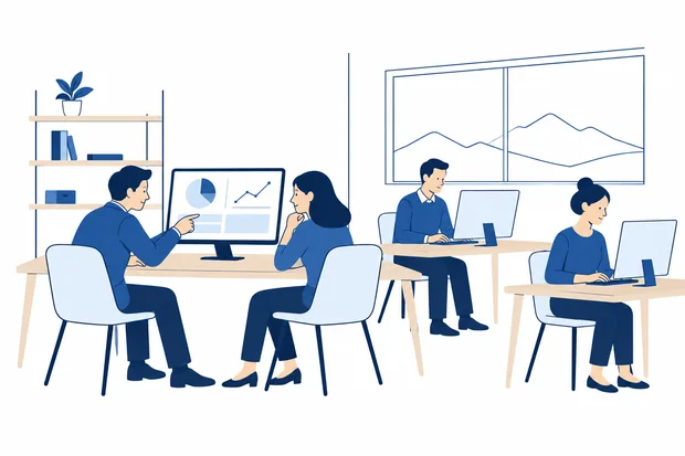Illustration of a small office with four professionals at work