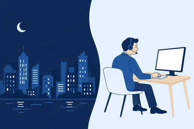 Illustration of a city at night on one side and a professional working in daylight on the other