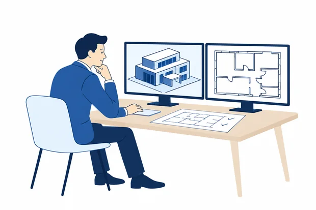 Illustration of a professional working on a 3D building model and a floor plan on two monitors
