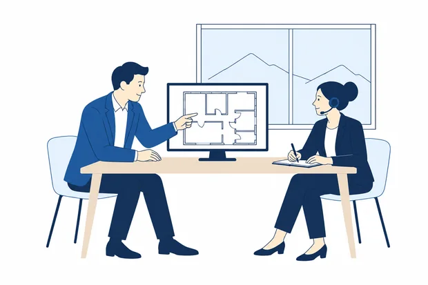 Illustration of two professionals reviewing a floor plan on a monitor