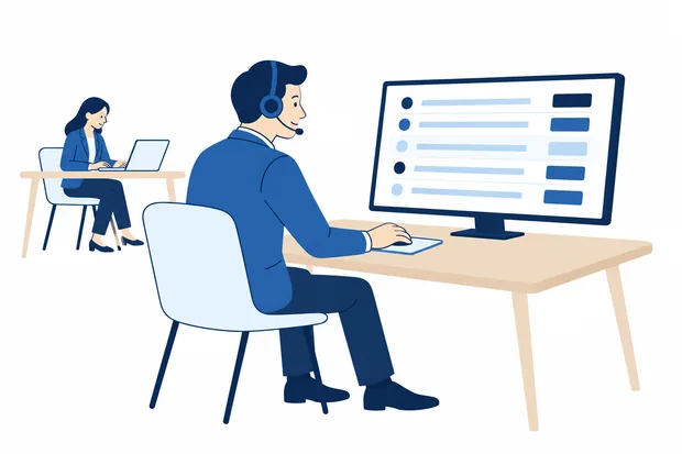 Illustration of an IT support professional with a headset reviewing a list of tickets
