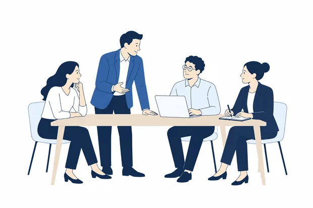 Illustration of four professionals talking around a table