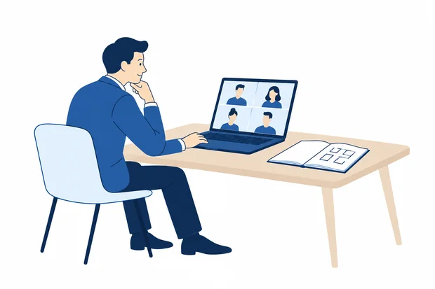 Illustration of a professional in a video meeting with four colleagues
